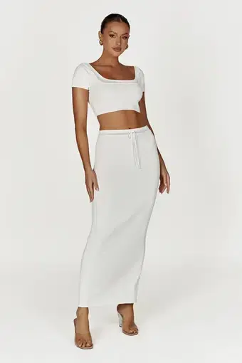 MESHKI Penelope Pointelle Knit Crop Top and Maxi Skirt Set in White Size S / Au 8
