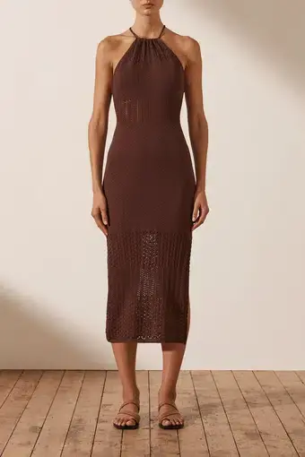 Shona Joy Calypso Crochet Open Back Midi Dress in Cocoa Brown
Size S / Au 8