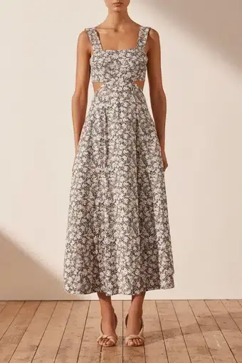 Shona Joy Heather Linen Cut Out Midi Dress Floral Size 6
