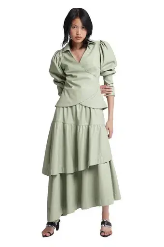 Aje Idyllic Wrap Top and Skirt Set Dusty Sage Green Size 6