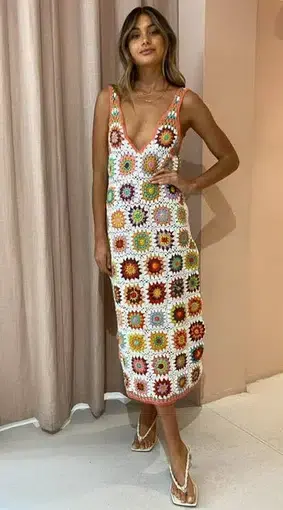 Alemais Crochet Dress Midi Multi-colored Size AU 4