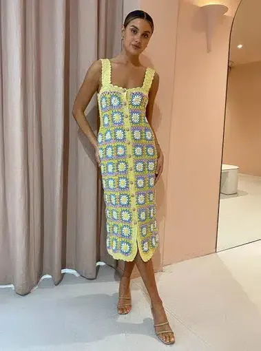 Alemais Petra Crochet Midi Dress Pastel Yellow Size AU 6