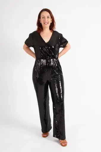 Hugo Boss Stretch-Jersey Sequin Jumpsuit with Fixed Wrap Front Black Size AU 10