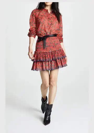 Isabel Marant Etoile Maria Blouse and Naomi Ruffle Mini Skirt Set Red Floral Size 38 / Au 10
