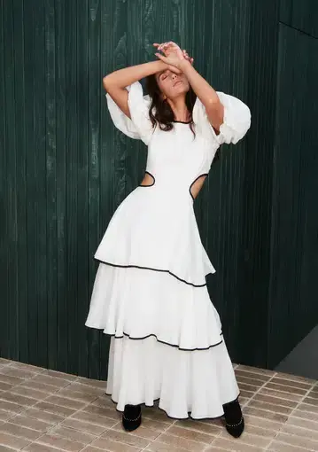 Mackenzie Mode Puff Sleeve Cutout Linen Maxi Tiered Dress White Size 10