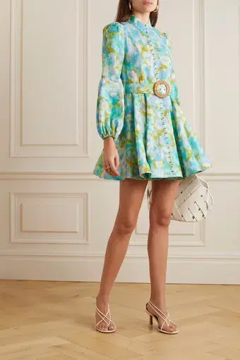 Zimmermann High Tide Buttoned Long Sleeve Mini Dress Aqua Floral Size 1 / Au 10