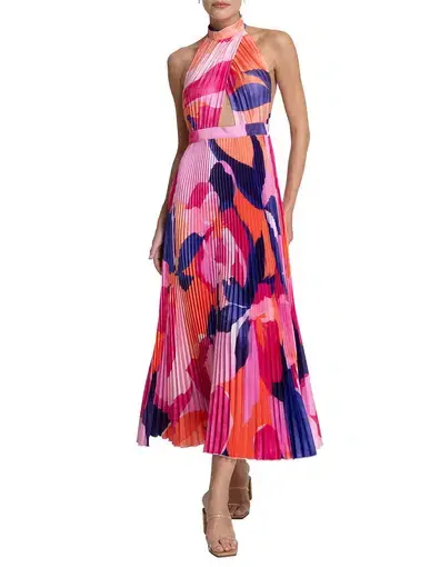 L'Idee Renaissance Halterneck Pleated Cutout Low Back Dress Capri Print Size 8