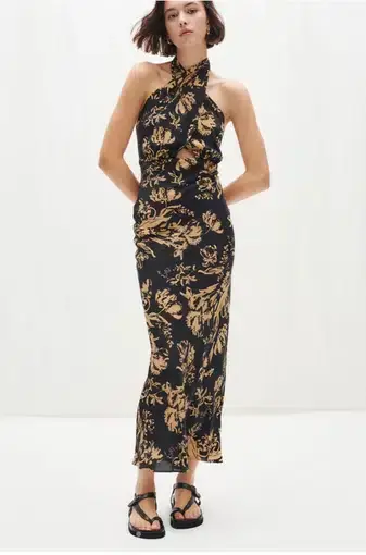 Shona Joy Dawn Silk Cross Front Halter Midi Dress Print Size 8 / S