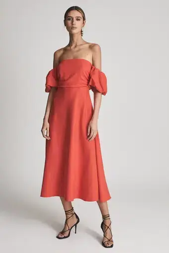 Reiss Shona Puff Sleeve Dress Linen Red Size 8

