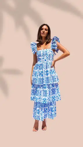 Isabella Longginou Blue Tile Frill Dress Print Size 16