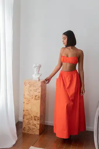 Sir the Label Anja Tucked Bralette Top and Midi Skirt Size 1 Set in Mandarin Red