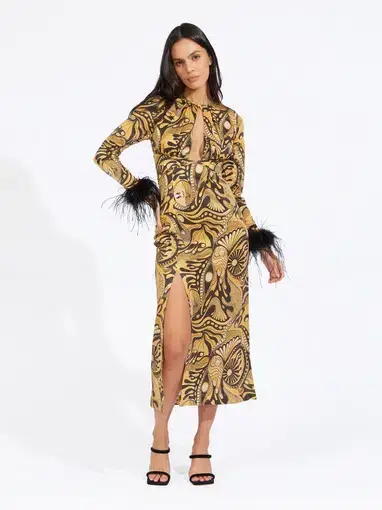 Alice McCall Gold Dust Feather Midi Dress Gold AU 8