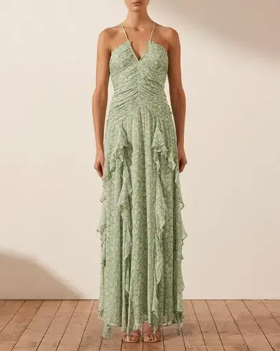 Shona Joy Aurore Ruched Frill Maxi Dress Green Floral Size 16