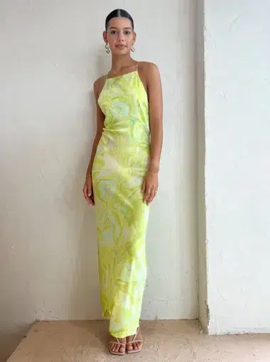 Ginia Gaia Maxi Dress In Lime Swirl Print Multi-colored Size M / AU 10