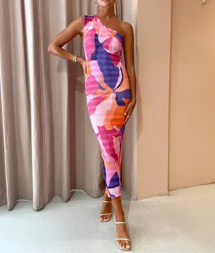 L'idee Gigi Smocking Midi Gown in Capri Print Pink Size 12 / L