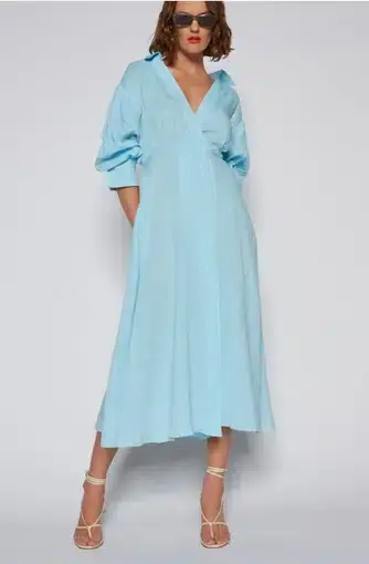 Scanlan Theodore Italian Linen Wrap Shirt Dress Blue Size 8 
