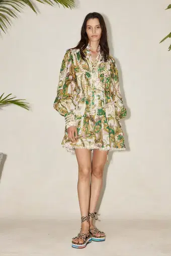 Alemais Octavia Ruffle Mini Dress Ivory/Print Size 6 