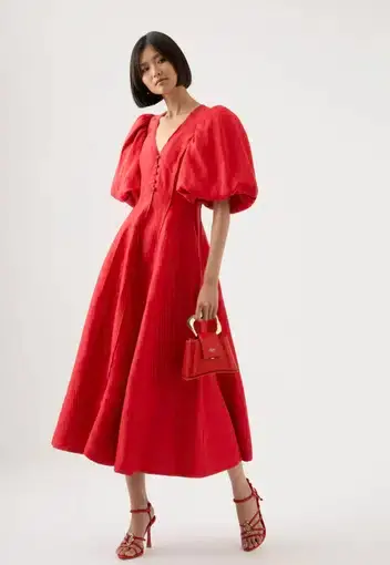 Aje Dusk Puff Sleeve Midi Dress in Scarlet Red Size 14 / XL