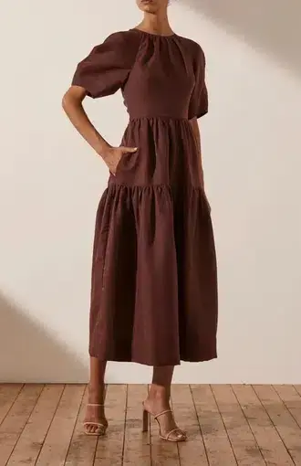 Shona Joy Marlene Linen Open Back Midi Dress Brown Size 12