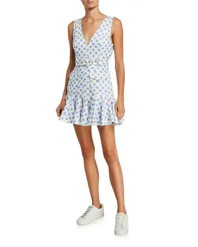 Zimmermann Super Eight Safari Mini Dress in White Linen/Blue Polka Dot Size 0 / AU 8