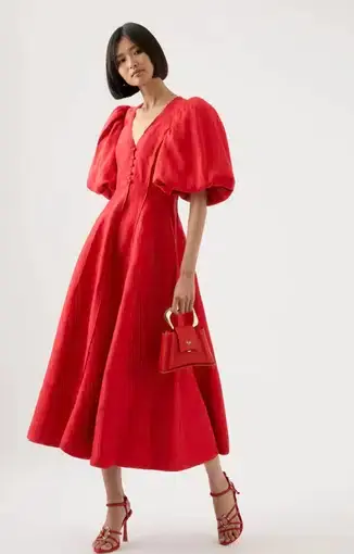 Aje Dusk Puff Sleeve Midi Dress In Scarlet Red Size AU 8