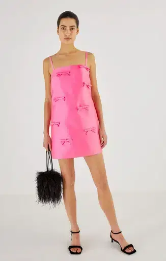 Oroton Satin Mini Bow Dress Candy Pink Size AU 8
