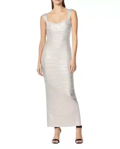 Herve Leger Sweetheart Banded Foil Gown Silver Size 8