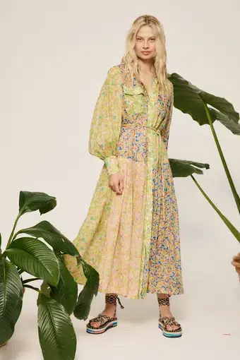 Alemais Daisy Patchwork Midi Dress Green Floral Size 10 