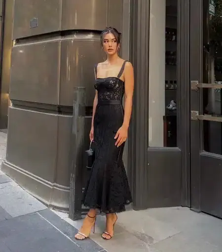 Leo Lin Clover Lace Bustier Ruffle Midi Dress Black Size AU 8 
