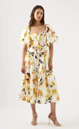 Aje Soleil Belted Midi Dress Pressed Sunflowers Size 16