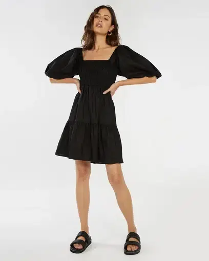Aere Shirred Linen Puff Sleeve Mini Dress Black Size 10