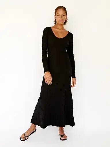 Anna Quan Jacquelin Ribbed Long Sleeve Midi Dress in Black / Raven Size 6