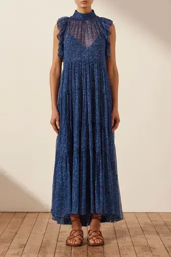 Shona Joy Saldanha High Neck Tiered Maxi Dress Blue Size 10 / M