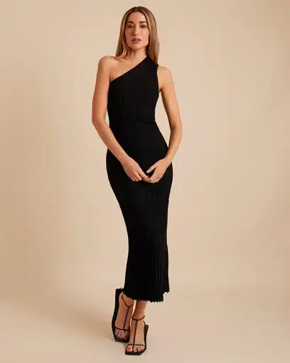 Minimia Esentiales Britta One Shoulder Knitted Midi Dress Black Size 8