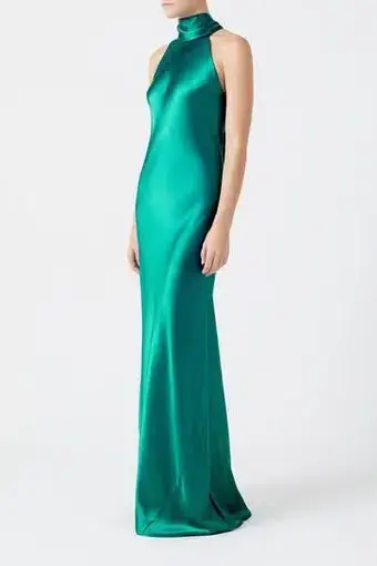Galvan London Sienna Silk Satin Halter Neck Gown Emerald Green Size 8