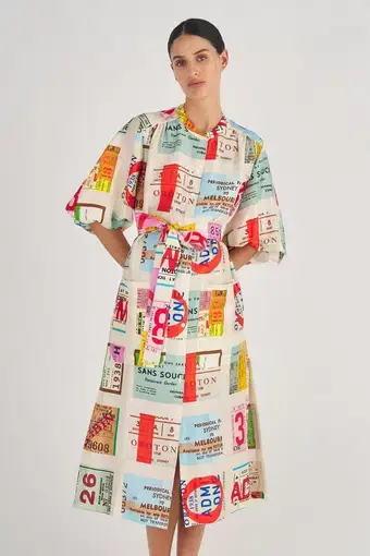 Oroton Ticket Print Shirt Dress Midi Dress Multi-Coloured Size 14