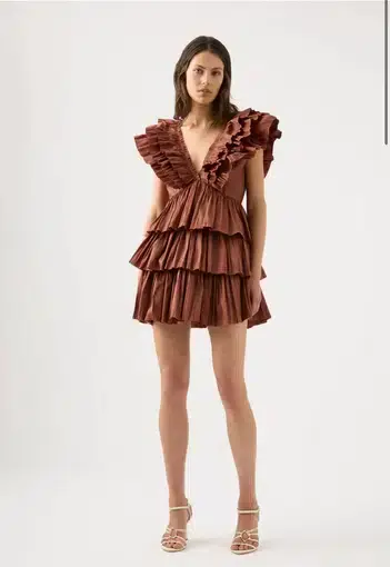Aje Rhythmic Frilled Mini Dress Brown Size 16