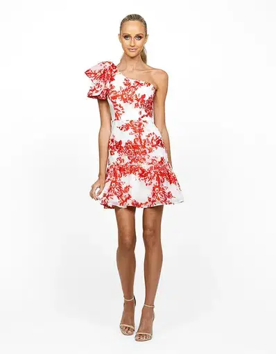 Bariano Raya Bow One Shoulder Mini Dress in Poppy Red/Blush
Size 8