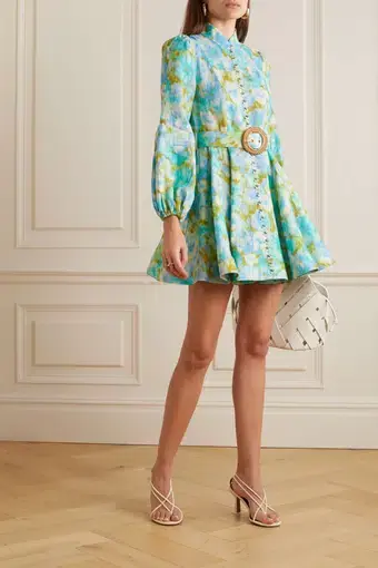 Zimmermann High Tide Buttoned Mini Dress Aqua Ikat Floral Size 1 / Au 10