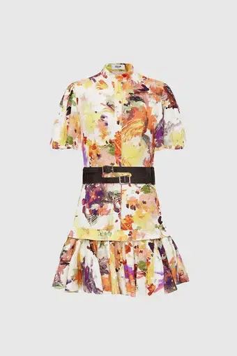 Leo Lin Poise Linen Shirt Mini Dress Floral with Belt Size 8