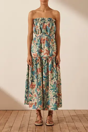 Shona Joy Mahalo Linen Strapless Midi Dress Print Size 8 / S
