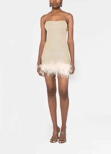 Oséree Glittered Feather-Trim Dress Gold Size 8
