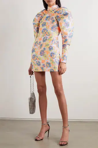Rotate by Birger Christenson Kim Button  Jacquard Mini Dress Metallic Floral Size 10