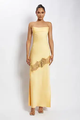 Meshki Chandra Lace Detail Satin Maxi Dress Lemon Size 14
