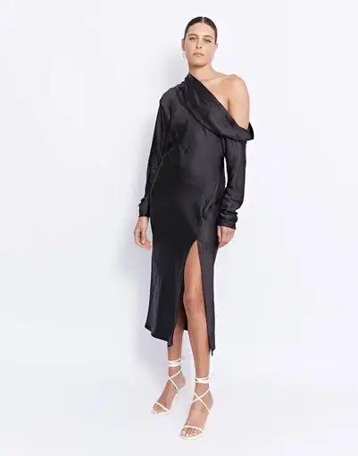 Pfeiffer The Label Suki Dress One Shoulder Draped Long Sleeve Black Size L / AU 12