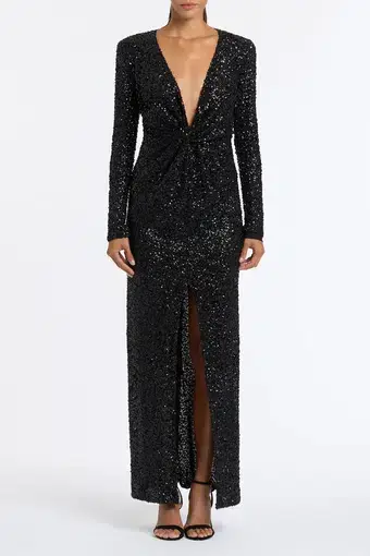 Carla Zampatti Black Sequin Plunge Gown Black Size AU 16
