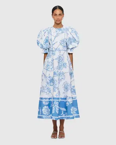 Leo Lin Maxima Puff Sleeve Midi Dress Harmony Print in Porcelain Size AU 12 