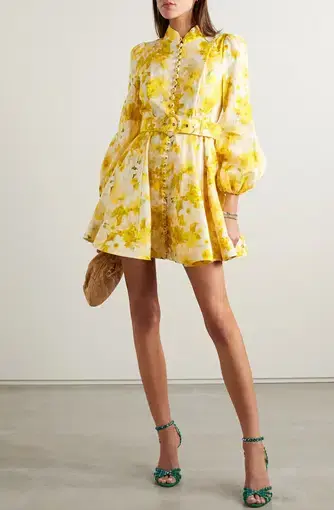 Zimmermann Wonderland Belted Floral-Print Linen Mini Dress in Yellow Size 1/Au 10