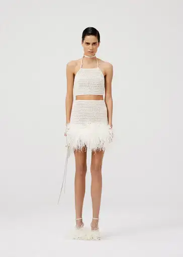 Magda Butrym Crochet Halter Crop Top & Feather Crochet Mini Skirt Set in Cream Size AU 8
