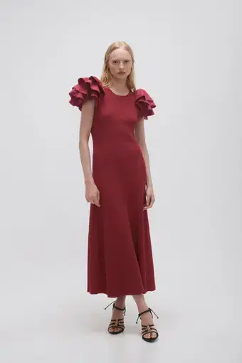 Aje Questa Puff Midi Dress Burgundy Size 4 XXS / AU 4